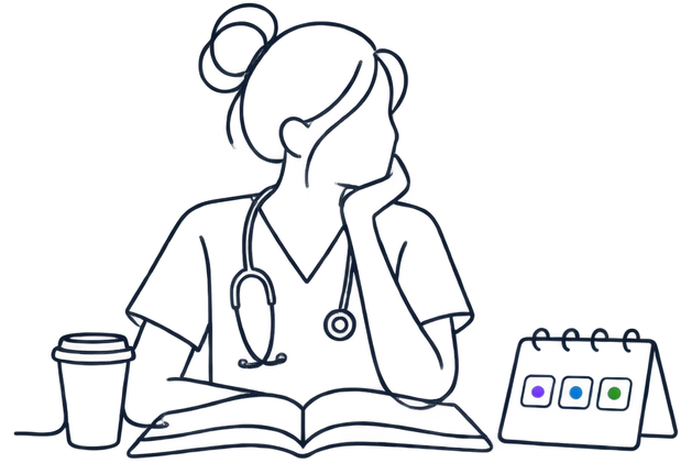 A nursing student in scrubs studying with a coffee and a desk calendar