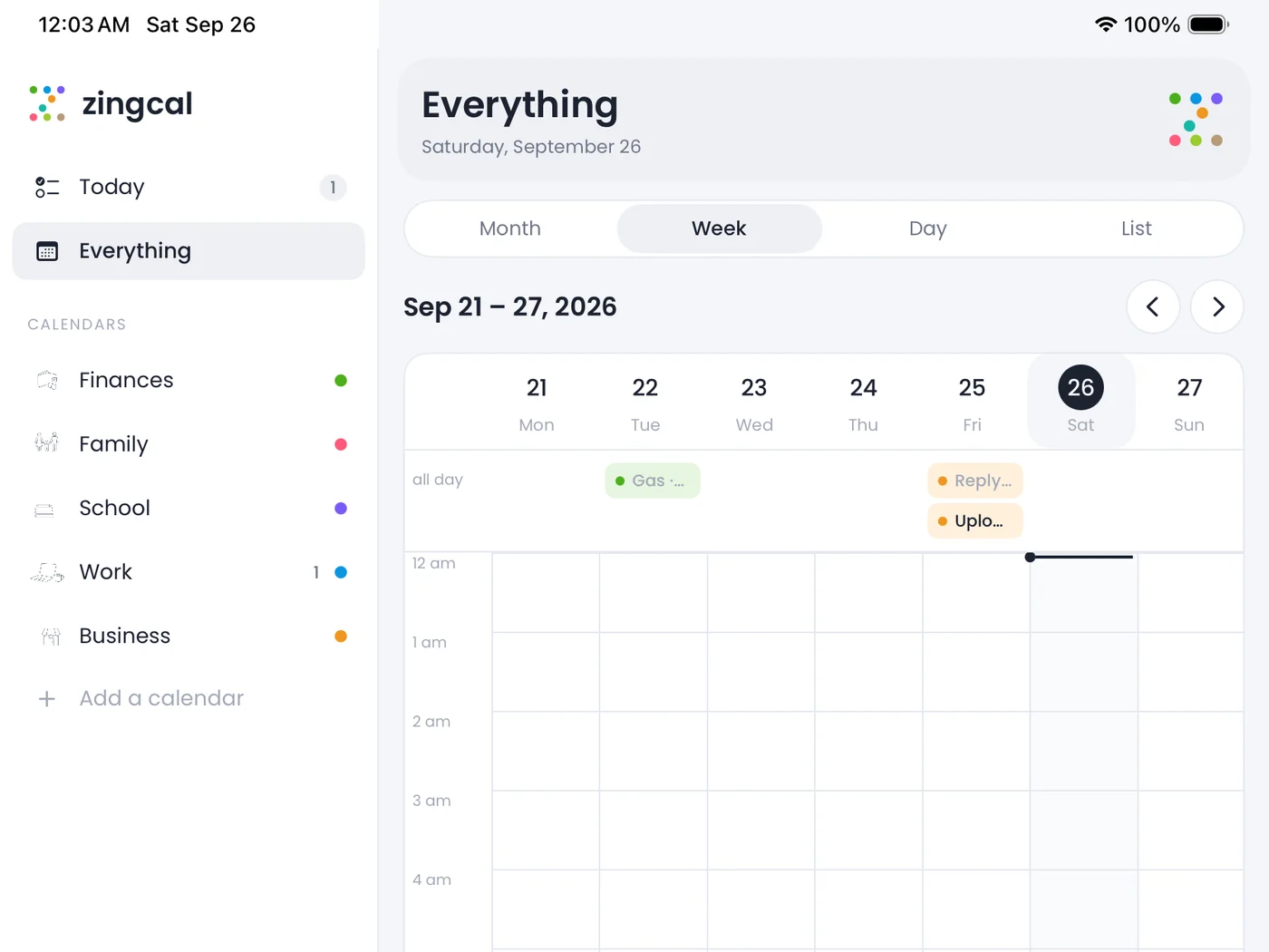 Zingcal on a large screen: calendars in a sidebar and a week grid with tinted blocks