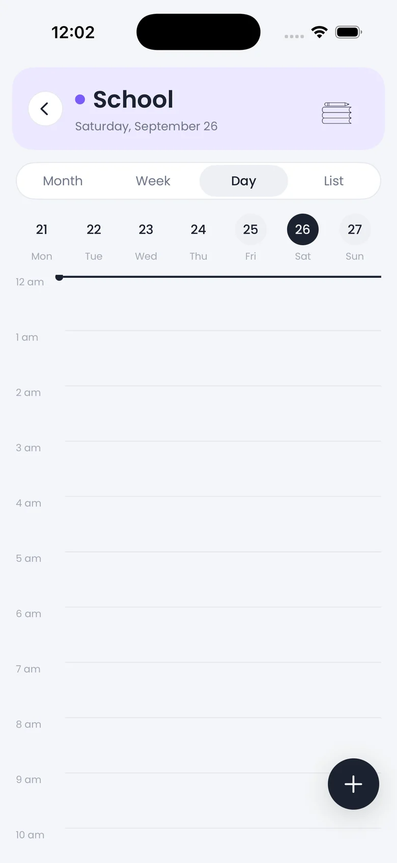 Day view of the School calendar: an hour timeline with violet blocks and the now line