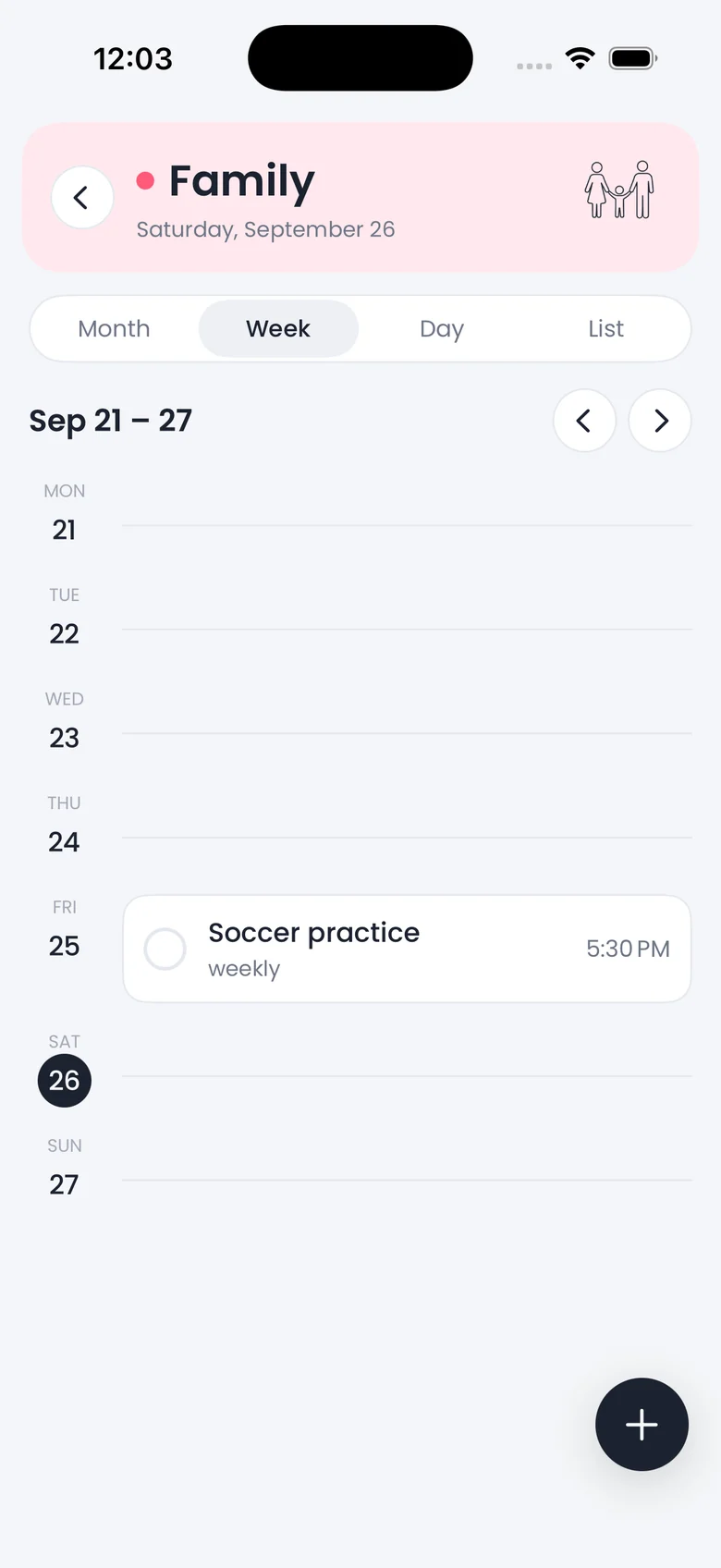 Week view of the Family calendar, seven days down the page