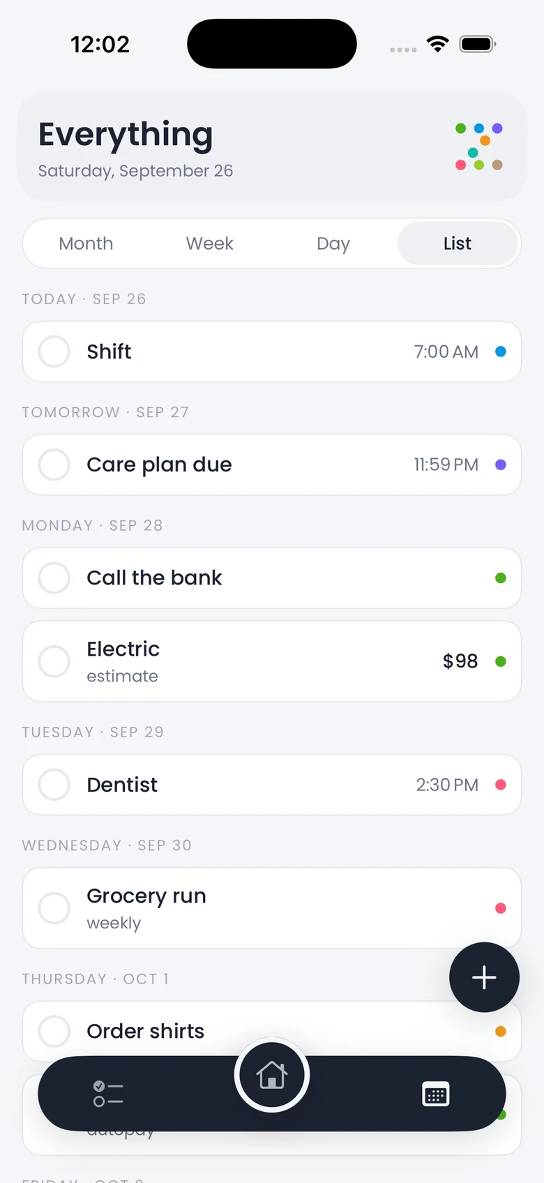Everything in List view: the next days, each row with a colored dot